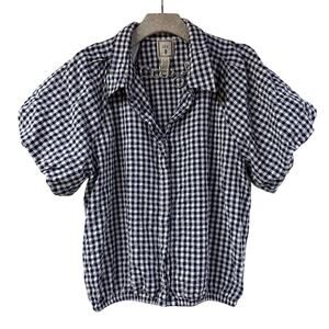 Lea Plaid Puff Sleeve Blouse Top Shirt Medium Blue & White 100% Cotton Americana